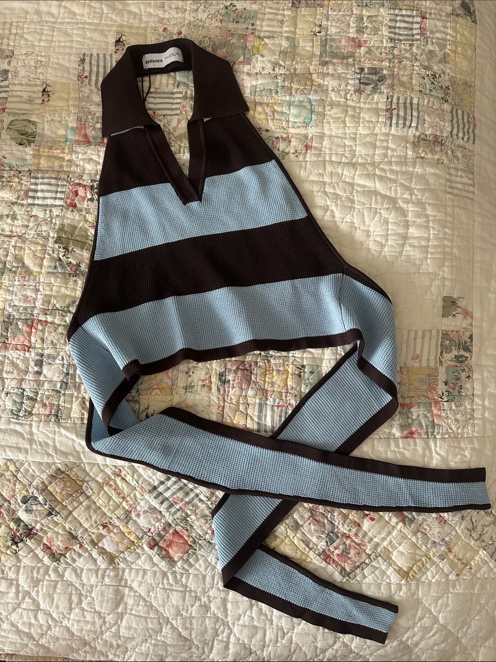 Bershka Brown & Blue Knit Wrap Halter Top NWT XS